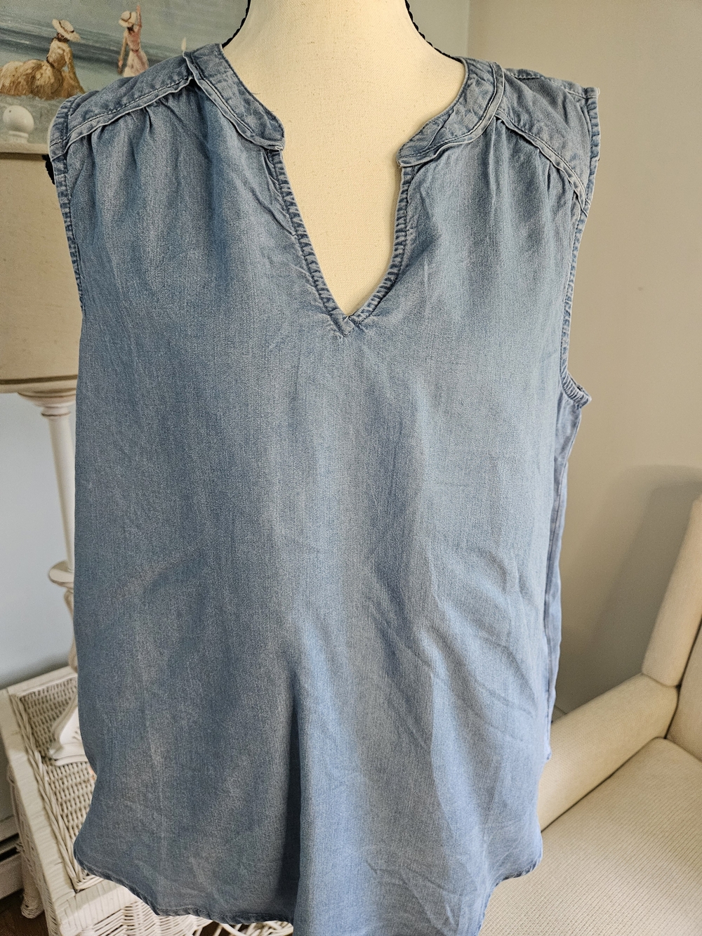 Fever Light Blue Denim-Style Sleeveless Notch Neck Tank P29